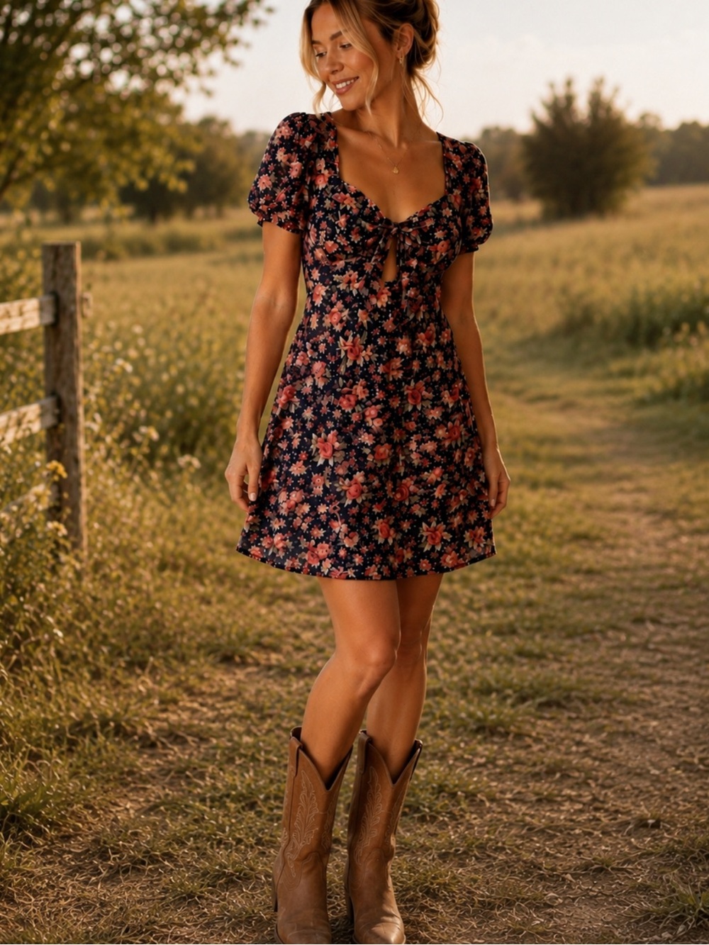 Altar’d State Sz M Navy Pink Ditsy Fall Floral Mini Dress Keyhole Romantic